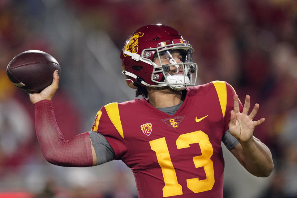 USC quarterback Caleb Williams returns to campus as the reigning Heisman Trophy winner. He should lead a high-powered Trojans offense once again. (AP Photo/Mark J. Terrill)