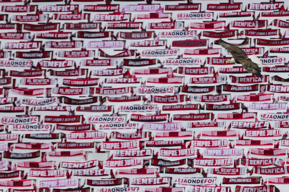 Benfica's mascot eagle flies past supporters' scarves decorating the empty seats prior to a Portuguese League soccer match between Benfica and Tondela in Lisbon, Portugal, Thursday, June 4, 2020. The Portuguese League soccer matches resumed Wednesday without spectators because of the coronavirus pandemic. (Tiago Petinga/Pool via AP)