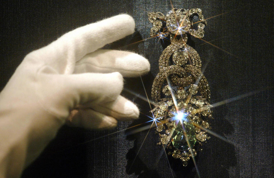 The 41-carat Dresden Green Diamond is seen in a 2004 file photo. It was on loan to the Metropolitan Museum of Art in New York when jewel thieves broke into its home museum in Dresden and stole an estimated $1 billion in treasures. / Credit: Norbert Millauer / Getty