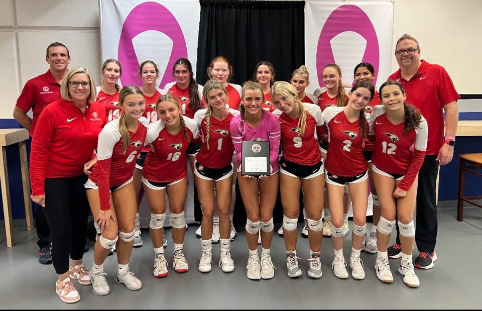 Members of the Cardinal Mooney volleyball team on Saturday after taking first place in the silver division of the 2023 Bishop Moore Swing for the Cure Varsity Volleyball Tournament. Back row, L-R: Assistant coach Derrick Duquette, Kaya Zorychta, Lauren Leach, Riley Greene, Zoe Kirby, Sam Kotasek, Piper Carson, Izzy Russell, Samara DaSilvia, head coach Chad Davis; Front row, L-R: Assistant coach Nancy Hopper, Layla Larrick, Abby Kania, Helena Hebda, Katie Powers, Ella Shuel, Kate Montesano, Sydney Sparma.