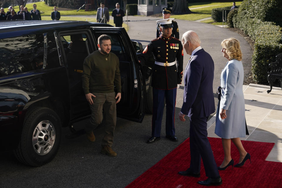 President Joe Biden and first lady Jill Biden welcome Ukrainian President Volodymyr Zelenskyy at the White House, Wednesday, Dec. 21, 2022, in Washington. (AP Photo/Patrick Semansky)