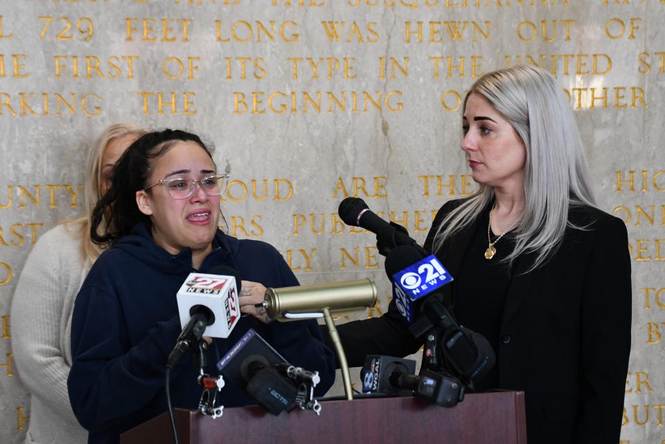 Lebanon County District Attorney Pier Hess Graf stands with Jason Rivera's aunt Thursday morning as she talks about the death of her 13-year-old nephew. "He was like a child to me," she said. "I loved him...he was so full of life."