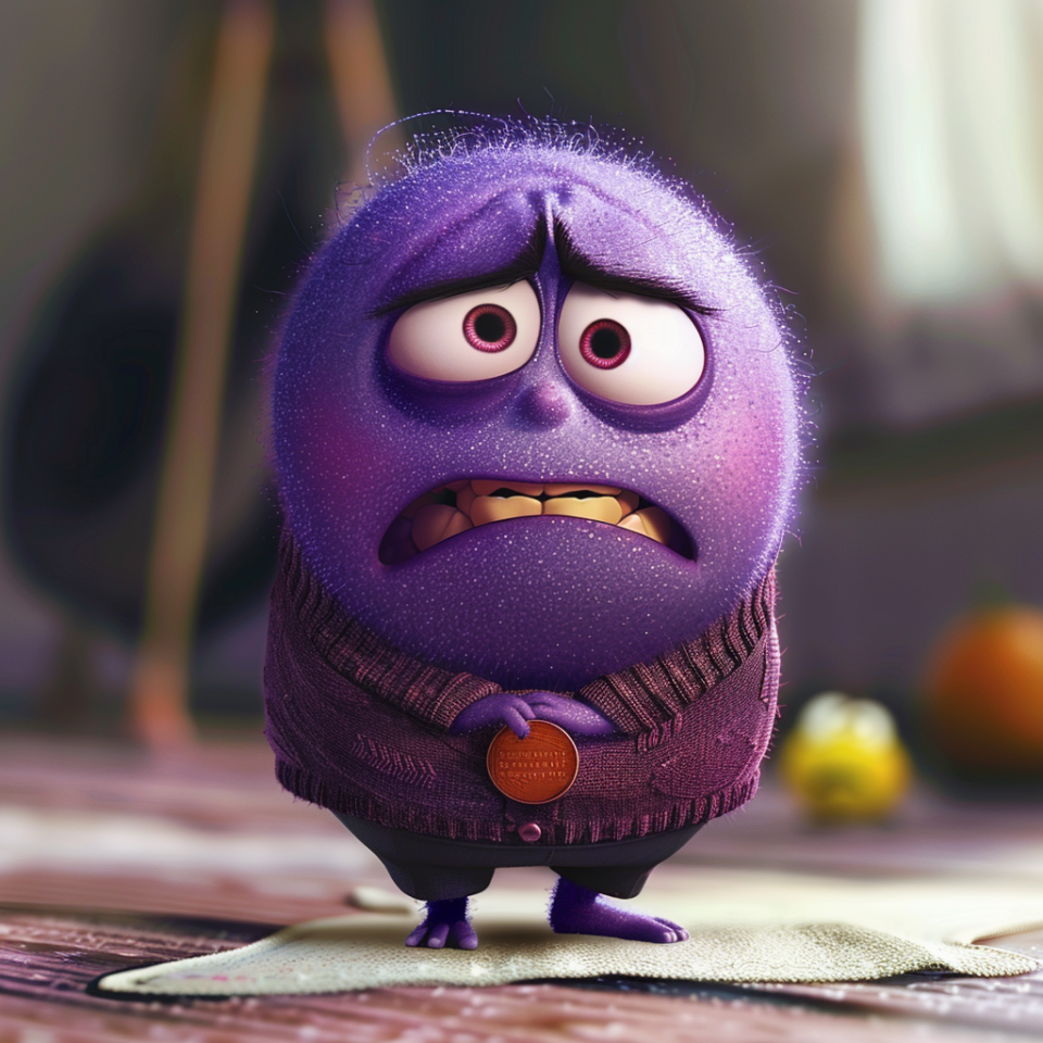 Sadness, a character from Inside Out, stands looking worried with a knitted sweater and a pendant. The background shows a blurred home setting.