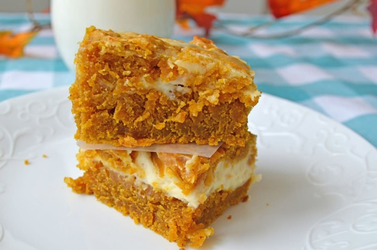 <p>Moore or Less Cooking</p><p>Rich and creamy pumpkin cheesecake in bar form!</p><p><strong>Get the recipe: <a href="https://mooreorlesscooking.com/2018/11/pumpkin-cheesecake-bars-2/" rel="nofollow noopener" target="_blank" data-ylk="slk:Pumpkin Cheesecake Bar;elm:context_link;itc:0;sec:content-canvas" class="link rapid-noclick-resp">Pumpkin Cheesecake Bar</a></strong></p>