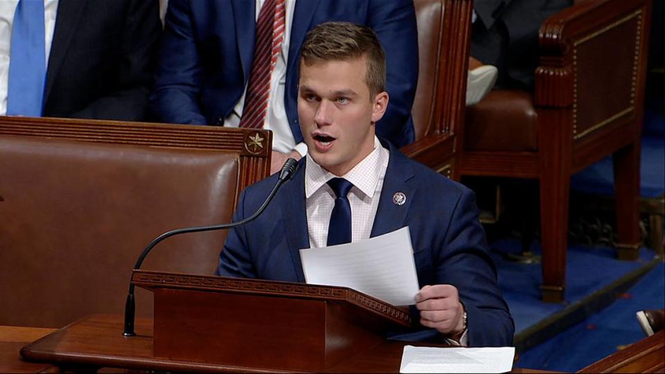 In this image from video, Rep. Madison Cawthorn, R-N.C., speaks as the House debates the objection to confirm the Electoral College vote from Pennsylvania, at the U.S. Capitol early Thursday, Jan. 7, 2021. (House Television via AP)