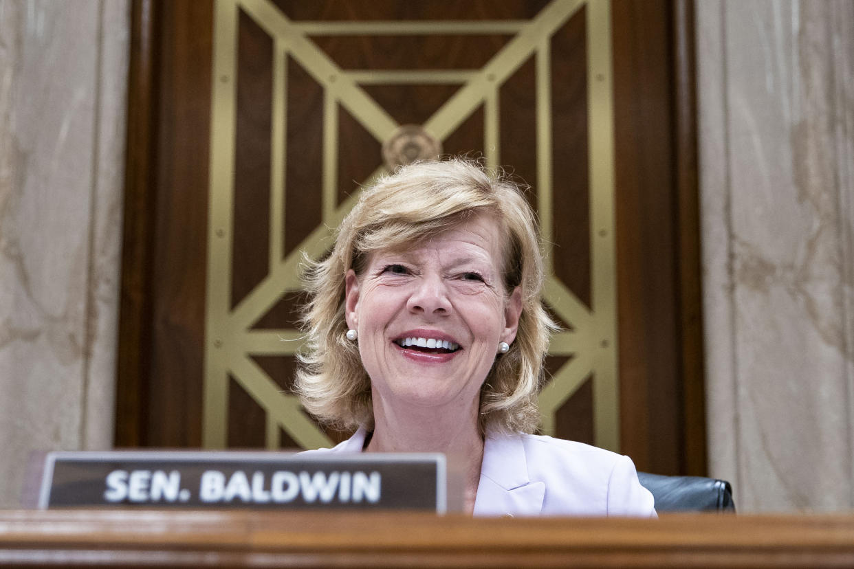 Image: Sen. Tammy Baldwin, a Democrat from Wisconsin at a hearing on Capitol Hill on June 10, 2021. (Al Drago / Bloomberg via Getty Images file)