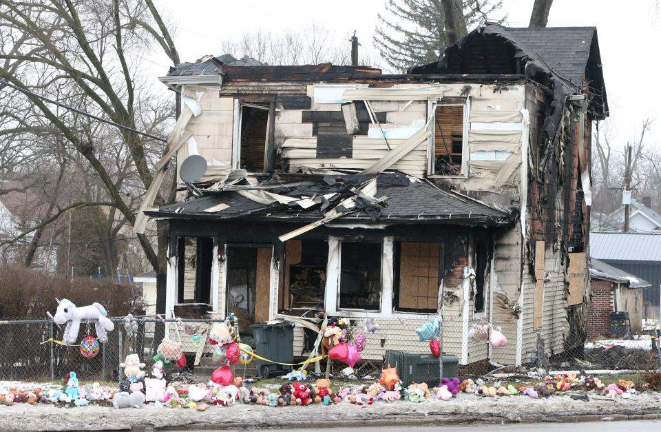The items left by community members continues to grow Friday, Jan. 26, 2024, at 222 N. LaPorte Ave. where six children died after a house fire on Sunday.