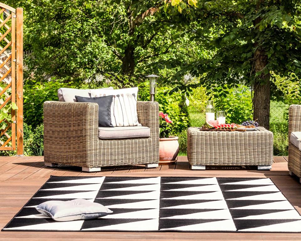<p> One of the best outdoor rugs can also come in handy if you're looking for affordable and low-fuss ways to cover boring paving or concrete. There are loads of colors and patterns out there, so it's also a brilliant way to solidify your garden theme and add personality. </p> <p> They'll add an extra layer of cozy comfort underfoot too. Pop in the center of your outdoor seating area for a living-room vibe. </p>