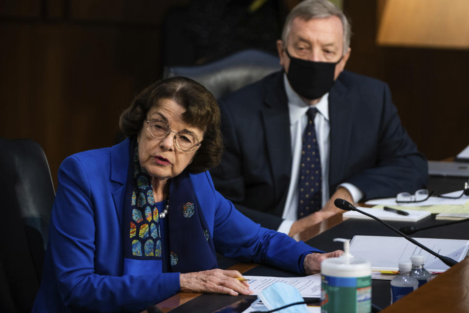 Sen. Dianne Feinstein, D-Calif., speaks during a confirmation hearing for Supreme Court nominee Amy Coney Barrett before the Senate Judiciary Committee, Monday, Oct. 12, 2020, on Capitol Hill in Washington. (Demetrius Freeman/The Washington Post via AP, Pool)