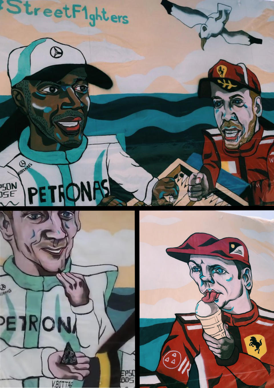 A for effort, F for art: Hamilton, Vettel, Raikkonen and Bottas (yes, it says so on his overalls) sort of captured for posterity in Baku. Also Seb’s Montreal seagull, or perhaps it’s Romain Grosjean, who knows