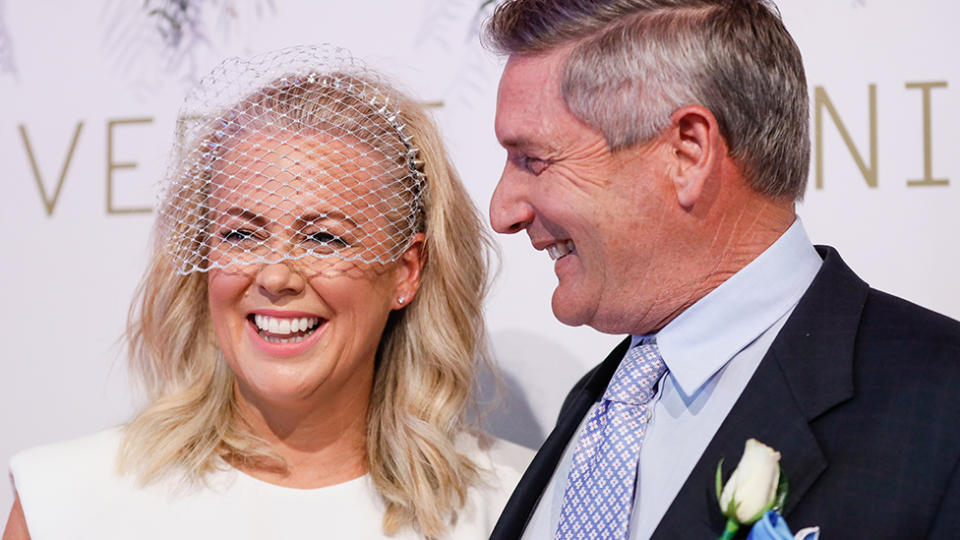 Samantha Armytage and Richard Lavender at the Everest Carnival Fashion Lunch on TAB Epsom Day at Royal Randwick Racecourse on October 03, 2020 in Sydney, Australia.