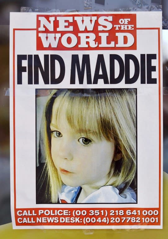 A file photo taken on May 13, 2007 shows a poster displaying the police and information desk numbers for missing four-year-old British girl Madeleine McCann