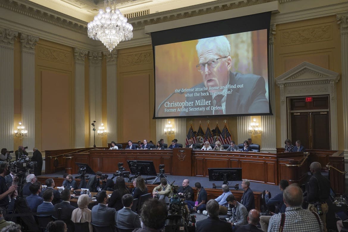 <div class="inline-image__caption"><p>A video of former acting secretary of defense Christopher Miller is shown on a screen during the fifth hearing held by the House Jan. 6 committee on June 23.</p></div> <div class="inline-image__credit">Pool/Getty</div>