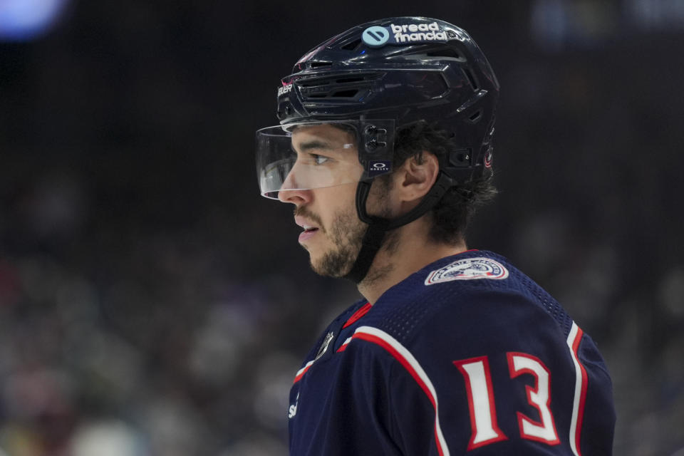 FILE - Johnny Gaudreau (13) of the Columbus Blue Jackets waits for kickoff during an NHL hockey game against the Nashville Predators, Saturday, March 9, 2024, in Columbus, Ohio. (AP Photo/Aaron Doster, File)