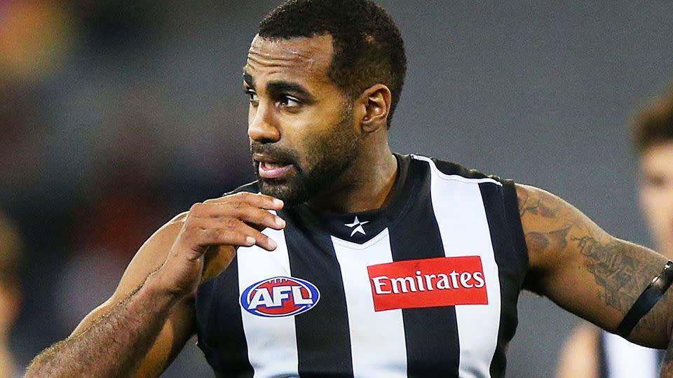 Heritier Lumumba is seen here looking on during a game for Collingwood in 2014. 