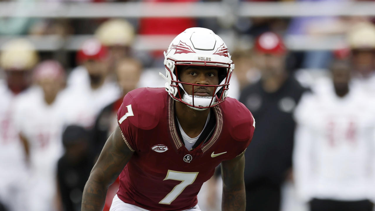 Florida State defensive back Jarrian Jones (7) reacts during the second half of an NCAA football game against the Boston College Eagles on Saturday, Sept. 16, 2023, in Chestnut Hill, Mass. (AP Photo/Greg M. Cooper)