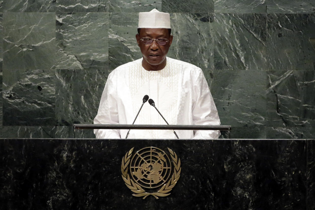 FILE - In this Tuesday, Sept. 20, 2016 file photo, Chadian President Idriss Deby Itno addresses the 71st session of the United Nations General Assembly, at U.N. headquarters. Deby, who ruled the central African nation for more than three decades, was killed on the battlefield Tuesday, April 20, 2021 in a fight against rebels, the military announced on national television and radio. (AP Photo/Richard Drew, File)