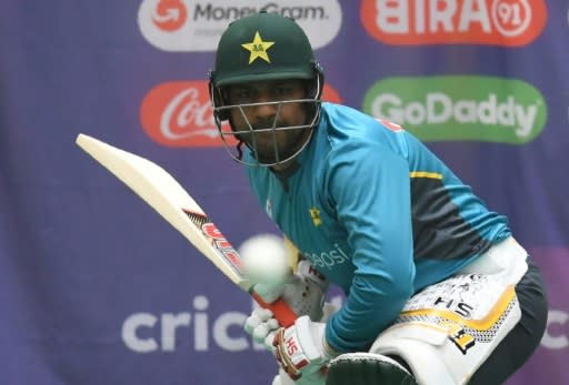 Pakistan captain Sarfaraz Ahmed bats during an indoor net session at Old Trafford