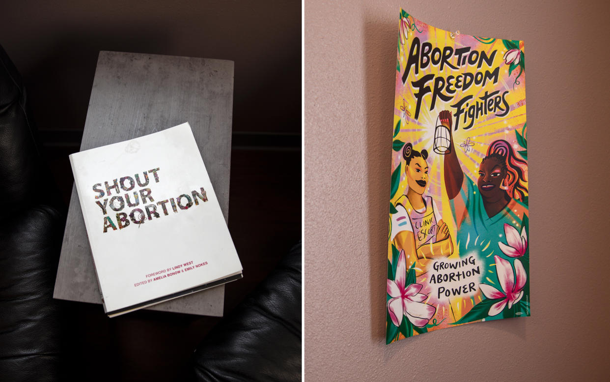 A book and a poster inside Whole Women’s Health clinic in Austin, Texas, on Tuesday. (Montinique Monroe for NBC News)