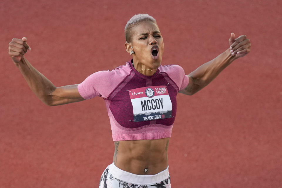 Rachel McCoy celebrates during the finals of the women's high jump at the U.S. Olympic Track and Field Trials Sunday, June 20, 2021, in Eugene, Ore. (AP Photo/Charlie Riedel)