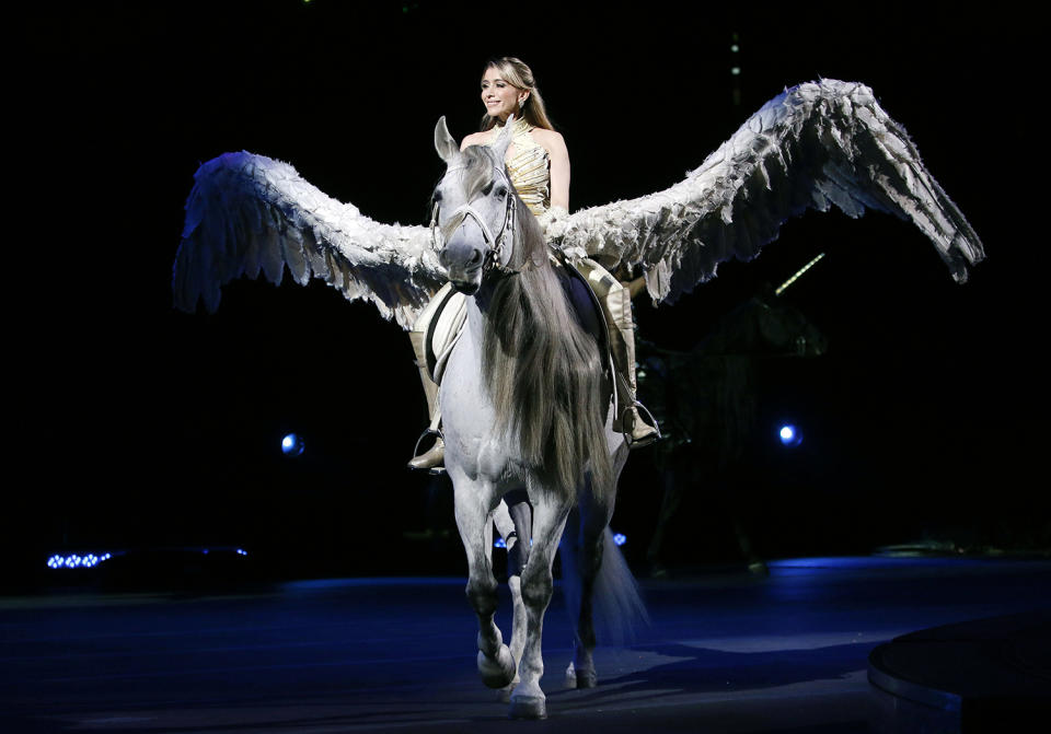 <p>Tatiana Tchalabaev performs with “Pegasus”, May 1, 2016, in Providence, R.I., during the show where Asian elephants made their final performance in the Ringling Bros. and Barnum & Bailey Circus. (AP Photo/Bill Sikes) </p>