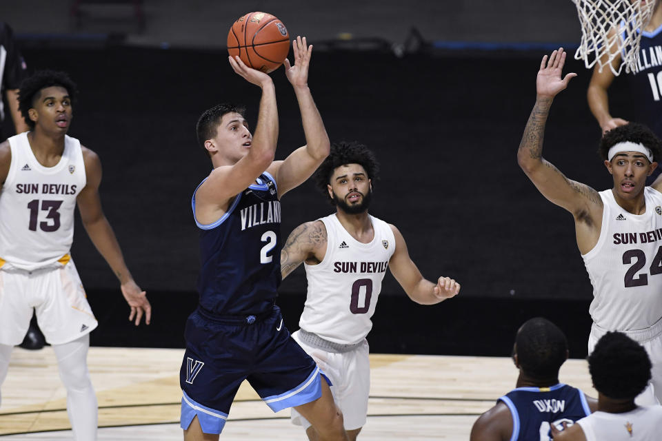 Villanova's Collin Gillespie goes up for a shot during the first half of the team's NCAA college basketball game against Arizona State, Thursday, Nov. 26, 2020, in Uncasville, Conn. (AP Photo/Jessica Hill)