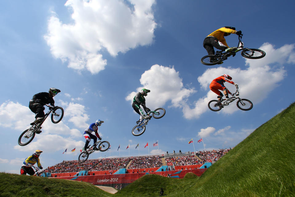 LONDON, ENGLAND - AUGUST 09: Action as the field make their way across a jump in the Men's BMX Cycling Quarter Finals on Day 13 of the London 2012 Olympic Games at BMX Track on August 9, 2012 in London, England. (Photo by Phil Walter/Getty Images)