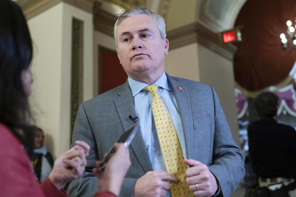 FILE - Rep. James Comer, R-Ky., talks to reporters as he walks to the House chamber, on Capitol Hill in Washington, Thursday, Jan. 12, 2023. In a letter, Sunday, Jan. 15, to the White House, Comer, who chairs the House Oversight Committee, says he wants to see the documents and communications related to searches that have uncovered classified documents at PresidentJoe Biden’s home and former office as well as visitor logs of the president’s Wilmington, Delaware, home from Jan. 20, 2021, to present. (AP Photo/Jose Luis Magana, File)