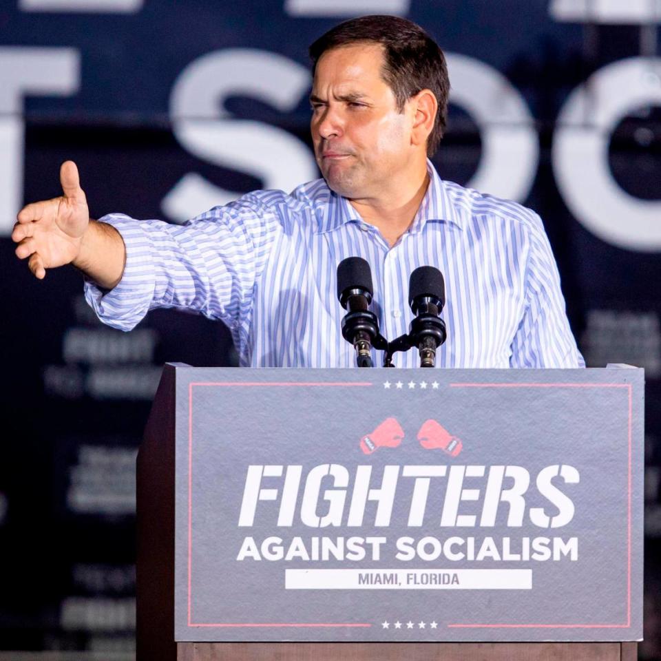 United States Senator Marco Rubio speaks at a ‘Fighters against Socialism’ event at the Wings Over Miami Museum in Miami, Florida, on Sunday, October 11, 2020.