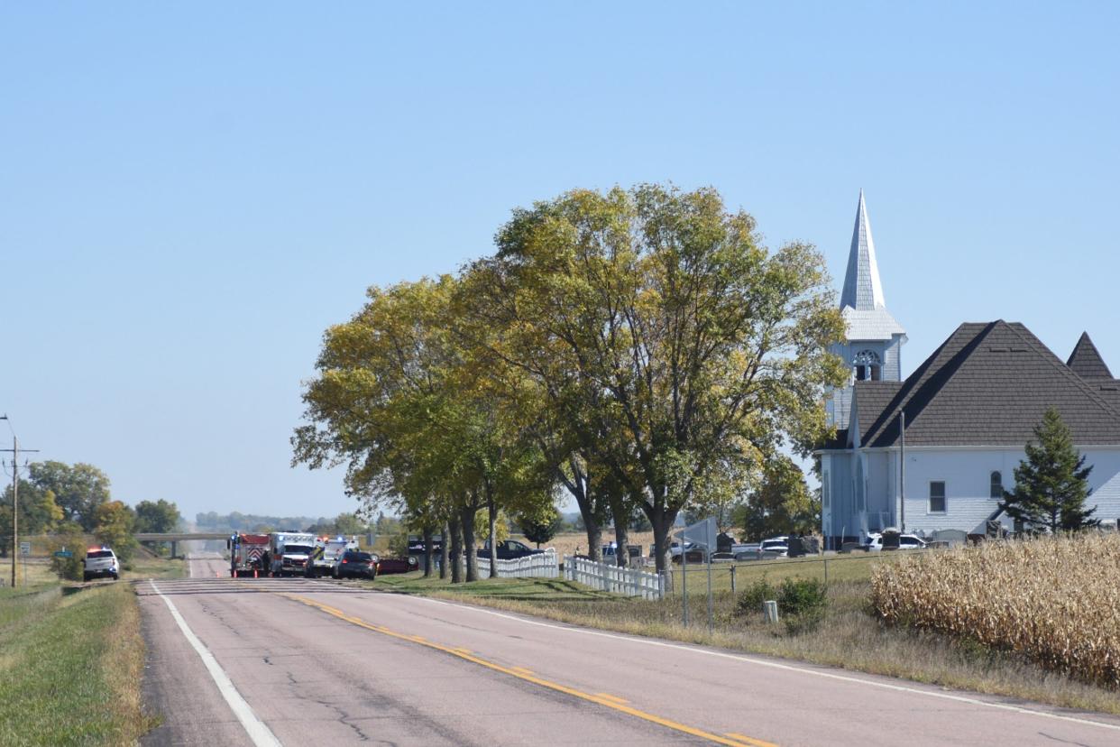 The scene of a rollover crash near West Nidalos Lutheran Church in Minnahaha County on Tuesday, Oct. 10, 2023. Minnehaha County Sheriff's Office Sgt. Mason Braun said one person is dead after losing control of the SUV they were driving and crashing into a nearby ditch in front of the church.