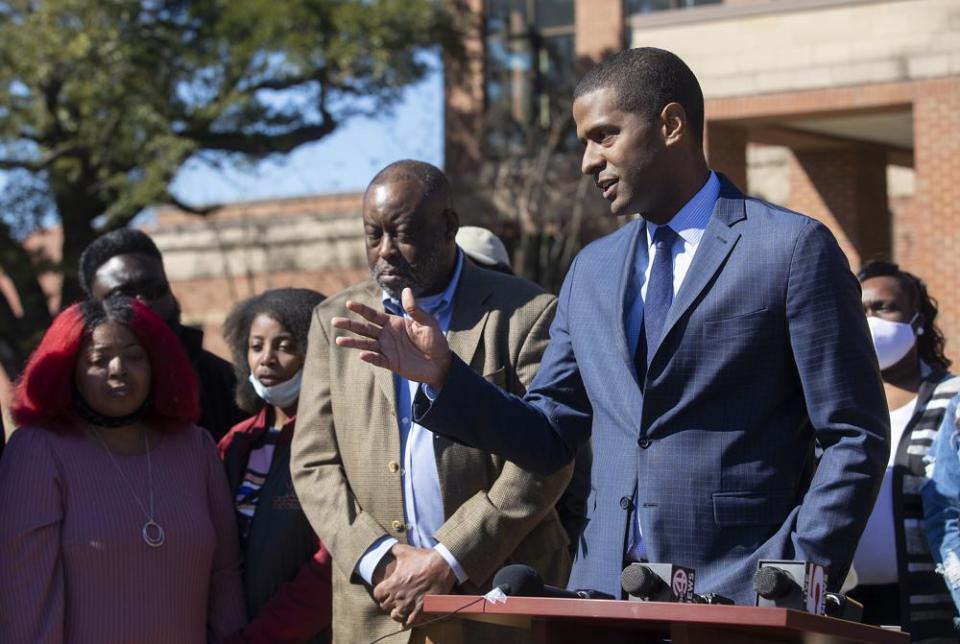 “We’re going to take this all the way to the federal courthouse steps,” said attorney Bakari Sellers (right), who is representing the family of Robert Langley. (Grace Beahm Alford/The Post And Courier via AP)