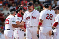 Bobby Valentine #25 of the Boston Red Sox takes the ball from Josh Beckett #19 in the sixth inning against the Texas Rangers at Fenway Park August 8, 2012 in Boston, Massachusetts. (Photo by Jim Rogash/Getty Images)