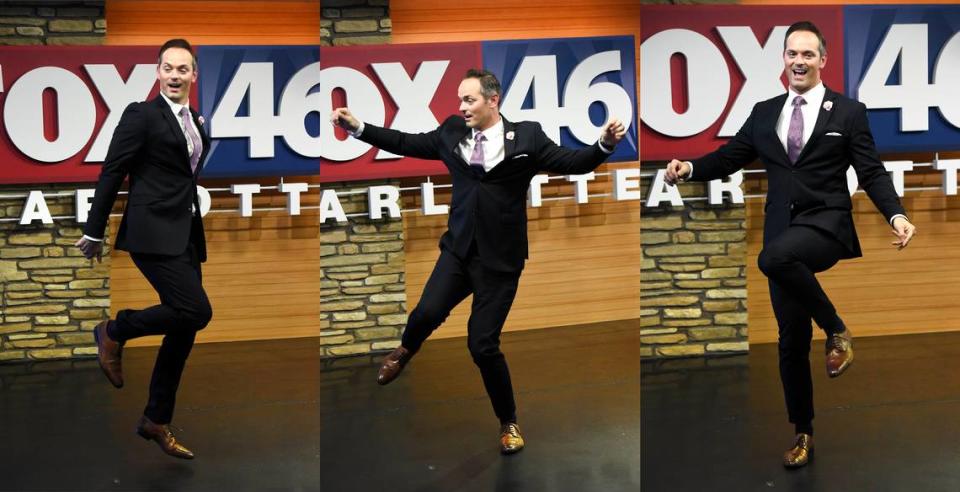 Nick Kosir, a meteorologist at WJZY,shows off some of his dance moves. He recently scored a viral hit with a series of videos of him doing various hip-hop dance challenges in the Fox 46 studio of the past few weeks. Kosir is also known as “The Drip Chronicles Guy” for spoofing Cam Newton’s fashion photos and “The Rapping Weatherman.” We shot Kosir at WJZY on Thursday, April 11, 2019.