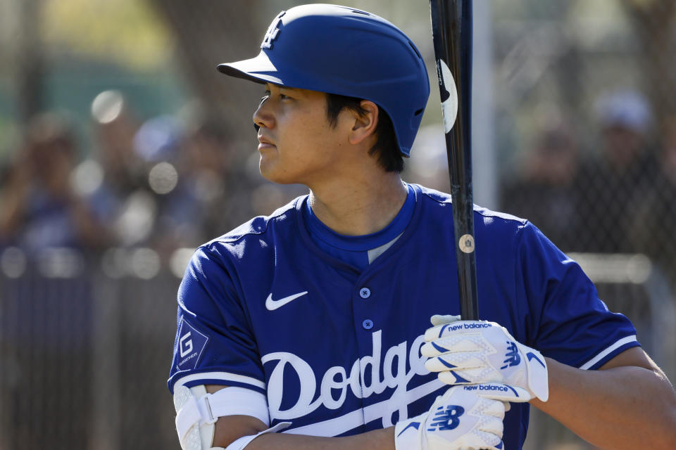 Goodyear, Arizona, Thursday, February 15, 2024 - Dodgers DH Shohei Ohtani stands in the batter's box during a practice session for pitcher Emmet Sheehan during day two of spring training at Camelback Ranch.  (Robert Gauthier/Los Angeles Times via Getty Images)