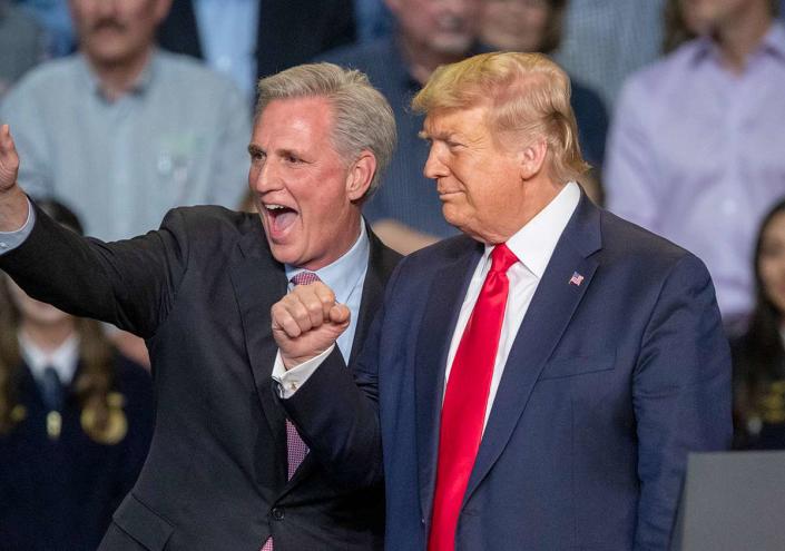 House Minority Leader Kevin McCarthy and U.S. President Donald Trump attend a legislation signing rally with local farmers on February 19, 2020