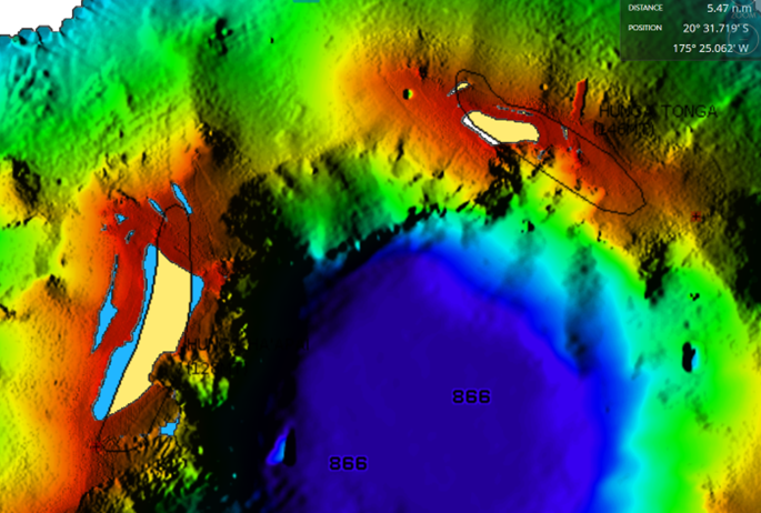 An ocean survey map shows the new depth of Hunga Tonga's volcano caldera to be more than 800 metres.