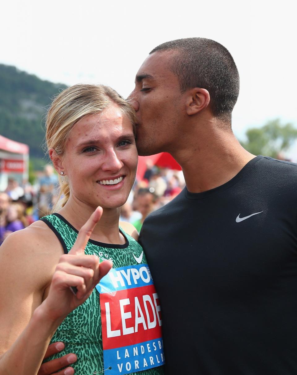 <p>Brianne Theisen Eaton of Canada celebrates with her husband U.S Olympian Ashton Eaton after the 800 metres during the women’s heptathlon during the Hypo Meeting Gotzis 2015 at the Mosle Stadiom on May 31, 2015 in Gotzis, Austria. (Photo by Ian Walton/Getty Images) </p>