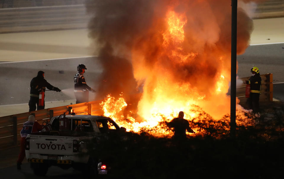 BAHRAIN, BAHRAIN - NOVEMBER 29: A fire is pictured following the crash of Romain Grosjean of France and Haas F1 during the F1 Grand Prix of Bahrain at Bahrain International Circuit on November 29, 2020 in Bahrain, Bahrain. (Photo by Bryn Lennon/Getty Images)