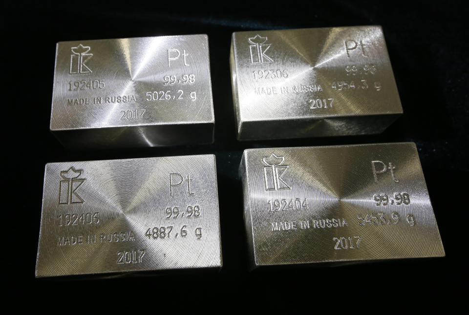 Ingots of 99.98 percent pure platinum are seen at the Krastsvetmet non-ferrous metals plant, one of the world&#39;s largest producers in the precious metals industry, in the Siberian city of Krasnoyarsk, Russia, March 9, 2017. Picture taken March 9, 2017. REUTERS/Ilya Naymushin