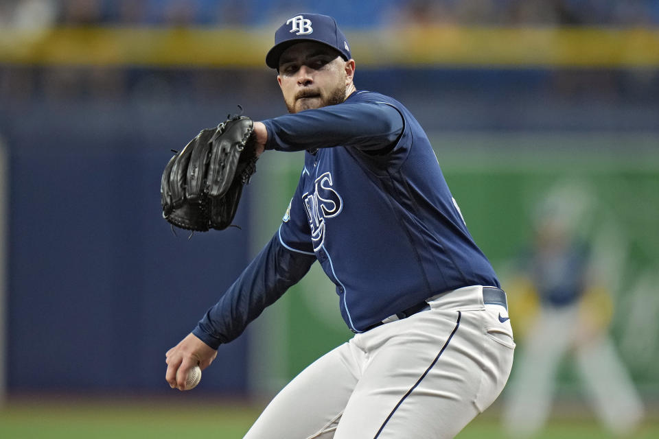 Tampa Bay Rays starting pitcher Aaron Civale goes into his delivery against the Los Angeles Angels during the first inning of a baseball game Wednesday, Sept. 20, 2023, in St. Petersburg, Fla. (AP Photo/Chris O'Meara)