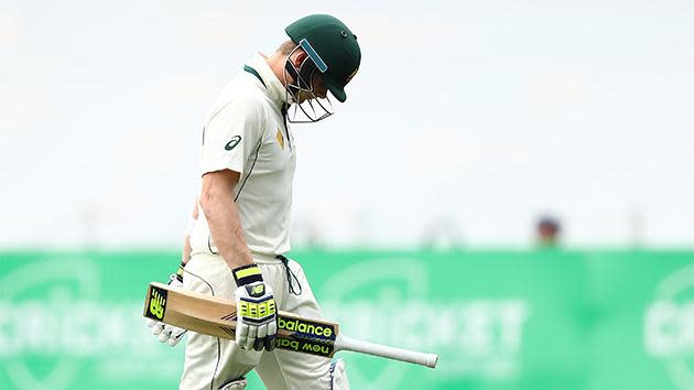 Australia's sole shining light in the first innings, skipper Steve Smith, is eighth man out for 26 after tentatively prodding at a delivery outside off stump to be caught behind. Australia 8-151.