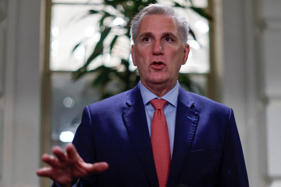 House Speaker Kevin McCarthy speaks with reporters.