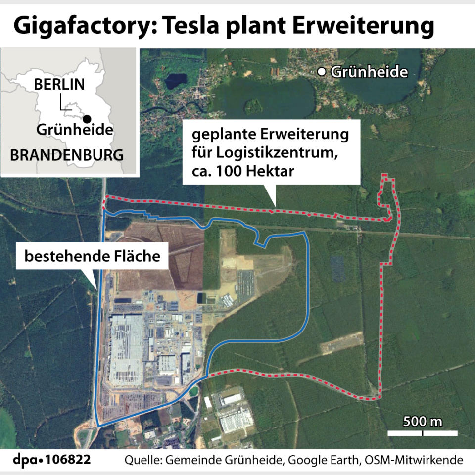 Das Gebiet, das von Teslas Erweiterungsplänen betroffen ist. - Copyright: picture alliance/dpa/dpa Grafik | dpa-infografik GmbH