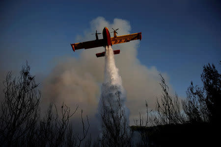 A firefighting airplane makes a water drop as a wildfire burns near the village of Metochi, north of Athens, Greece, August 14, 2017. REUTERS/Alkis Konstantinidis