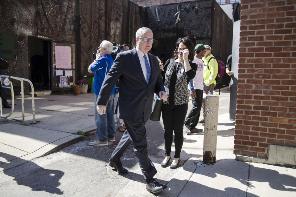 Philadelphia Mayor Jim Kenney leaves after casting his ballot in the the primary election in Philadelphia, Tuesday, May 21, 2019. Kenney won the Democratic primary, Tuesday, May 21, 2019, in his bid for re-election. (AP Photo/Matt Rourke)