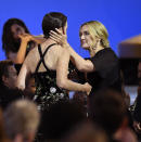 <p>Two-time Emmy winner Kate Winslet tenderly touched Julianne Nicholson's cheek, congratulating her <em>Mare of Easttow</em><em>n </em>costar upon her win for outstanding supporting actress in a limited series or a movie.</p> <p>In her acceptance speech, the first-time Emmy winner said she <a href="https://people.com/tv/2021-emmy-awards-julianne-nicholson-wins-supporting-actress-limited-series-movie/" rel="nofollow noopener" target="_blank" data-ylk="slk:owed her success;elm:context_link;itc:0;sec:content-canvas" class="link ">owed her success</a> to Winslet. </p> <p>"If you hadn't called and asked if I wanted to join you in Philly, I probably would have read the first two episodes, thought 'Nah, the priest did it,' and stayed home. So I owe this to you," Nicholson explained.</p>