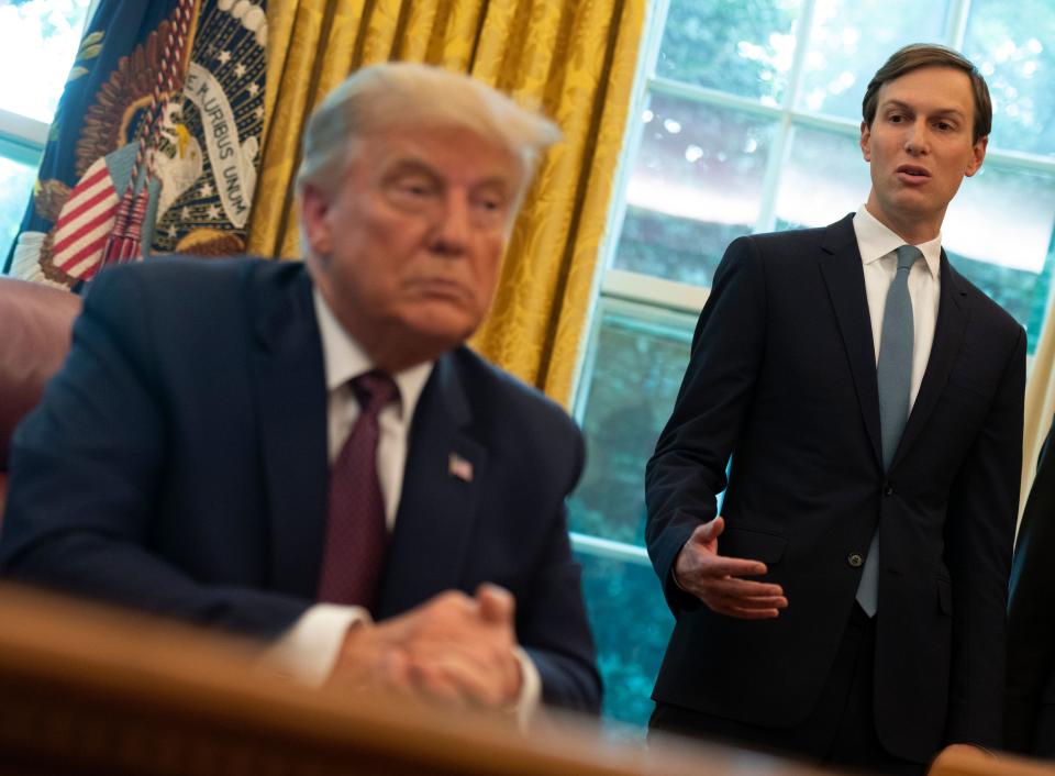 President Trump and senior adviser Jared Kushner in the Oval Office. (Andrew Caballero-Reynolds/AFP via Getty Images)