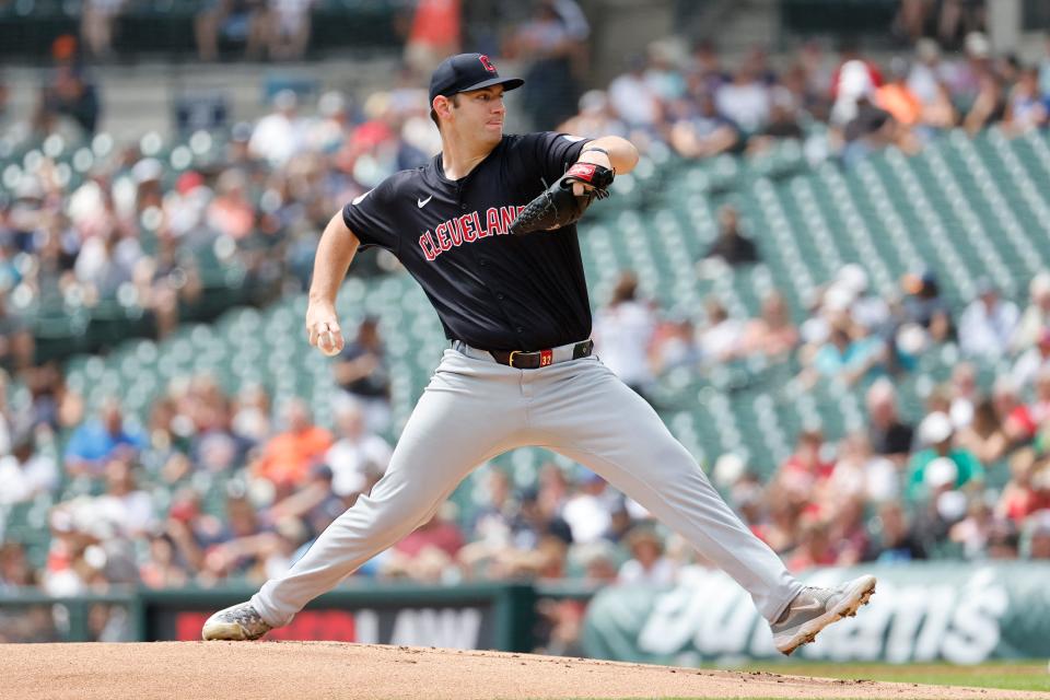 Guardians starting pitcher Gavin Williams throws a first-inning pitch against the Tigers, July 30, 2024, in Detroit.