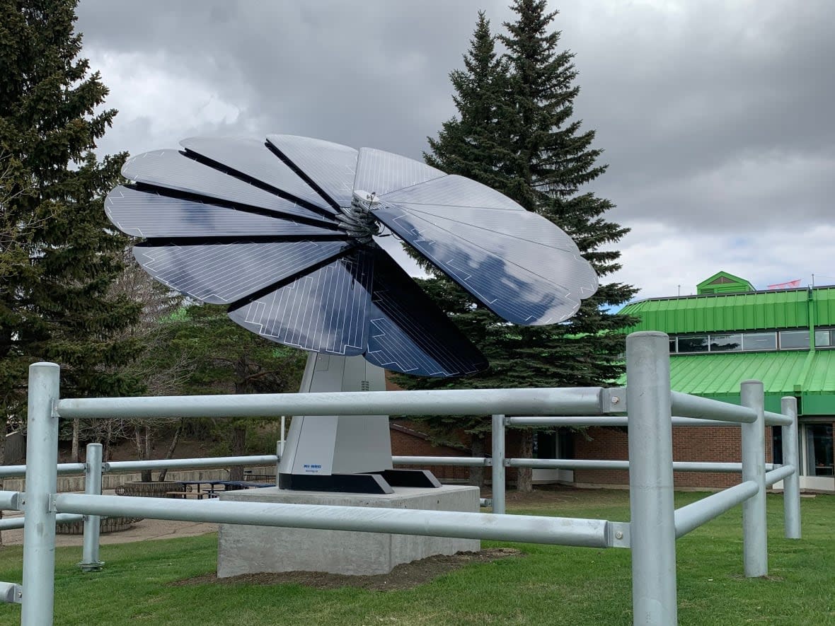 Organizers say the solar flower microgrid feeding the Health and Science Academy at Bishop James Mahoney High School is the first of its kind in Canada. (CBC/Heather Morrison - image credit)