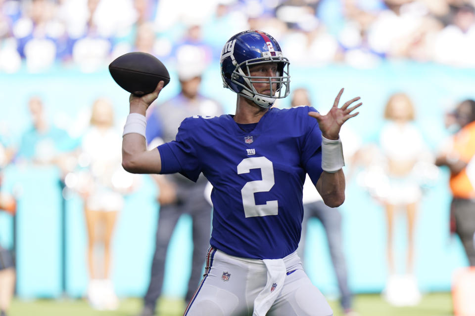 New York Giants quarterback Mike Glennon (2) aims a pass during the first half of an NFL football game against the Miami Dolphins, Sunday, Dec. 5, 2021, in Miami Gardens, Fla. (AP Photo/Wilfredo Lee)
